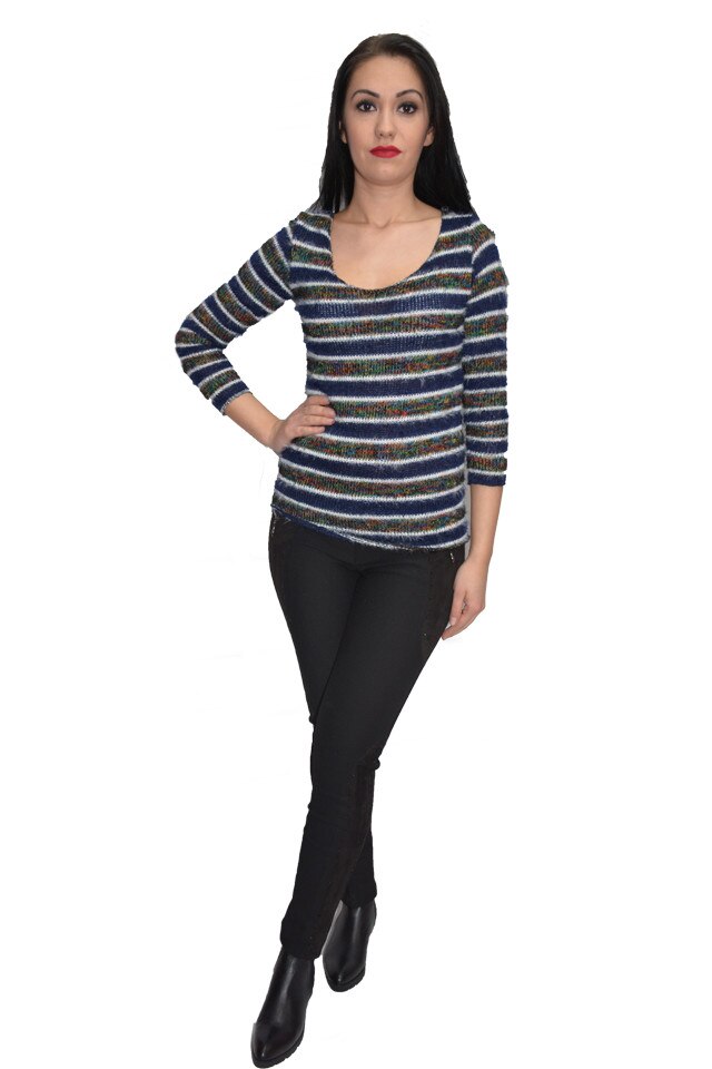 Pulover tricotat ,model multicolor,D&J Exclusive, Albastru marin
