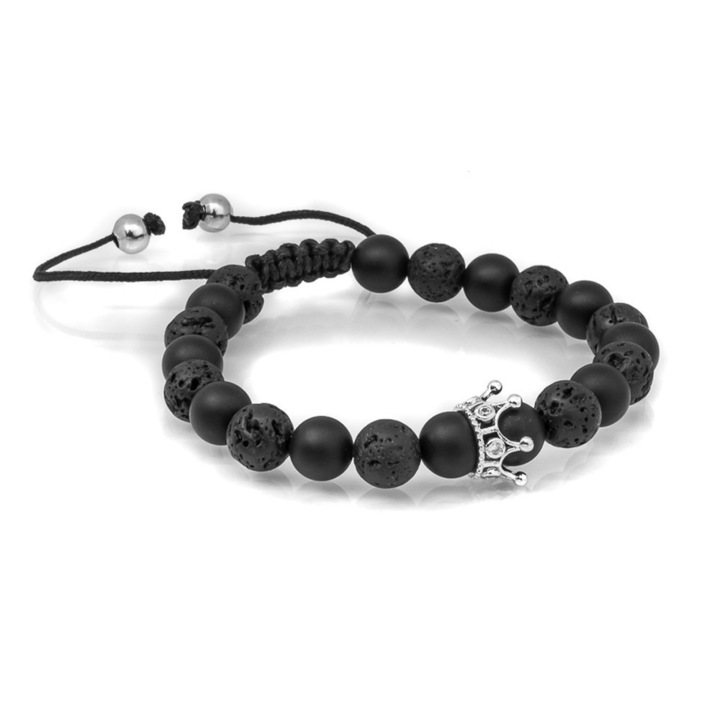 Bratara Unisex din Lavastone, Agat Negru mat si coroana din aliaj placat cu argint