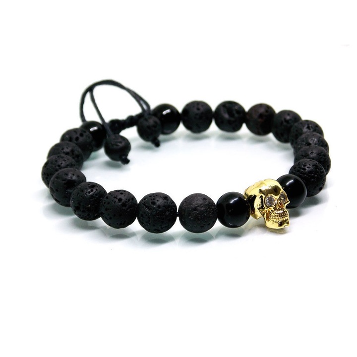 Bratara barbat din Lavastone si Onix cu distantier tip skull (cap de mort) placat cu aur