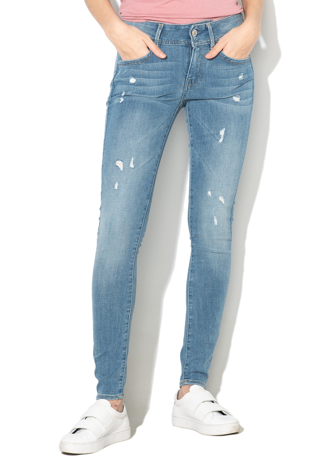 G-Star RAW, Blugi super skinny cu detalii cu aspect uzat Lynn, Albastru prafuit