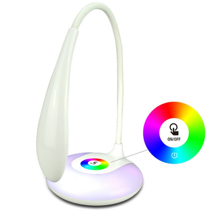 Настолна лампа Led, RGB, USB порт, 3 степени за сила на светлина, Бял, Кръг