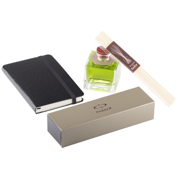 Set de birou Office Goods - Agenda piele Herlitz A6 + Pix Parker Jotter + Parfum camera 80 ml Goacub Tiare + punga cadou Set de birou Office Goods - Agenda piele Herlitz A6 + Pix Parker Jotter + Parfum camera 80 ml Goacub Tiare + punga cadou