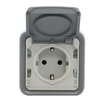 Priza simpla iMKⓇ aparenta, cu rama, cu capac, contact de protectie, gri, AN Priza simpla iMKⓇ aparenta, cu rama, cu capac, contact de protectie, gri, AN