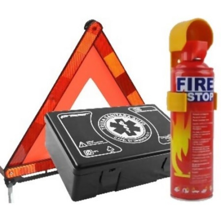 Предпазен комплект, валиден 5 години - Медицински комплект за първа помощ + Пожарогасител за кола + Триъгълник - РЯДКИ пакет