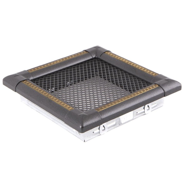 Grila ventilatie semineu, metalica, gama Exclusif, grafit cu insertii auriu patinat, 16x16 cm