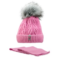 Caciula tricotata cu pompon "Aria", Grans, fete, set cu fular, roz, 42 - 44 cm, 6 - 12 luni