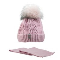 Caciula tricotata cu pompon "Aria", Grans, fete, set cu fular, roz pal, 42 - 44 cm, 6 - 12 luni