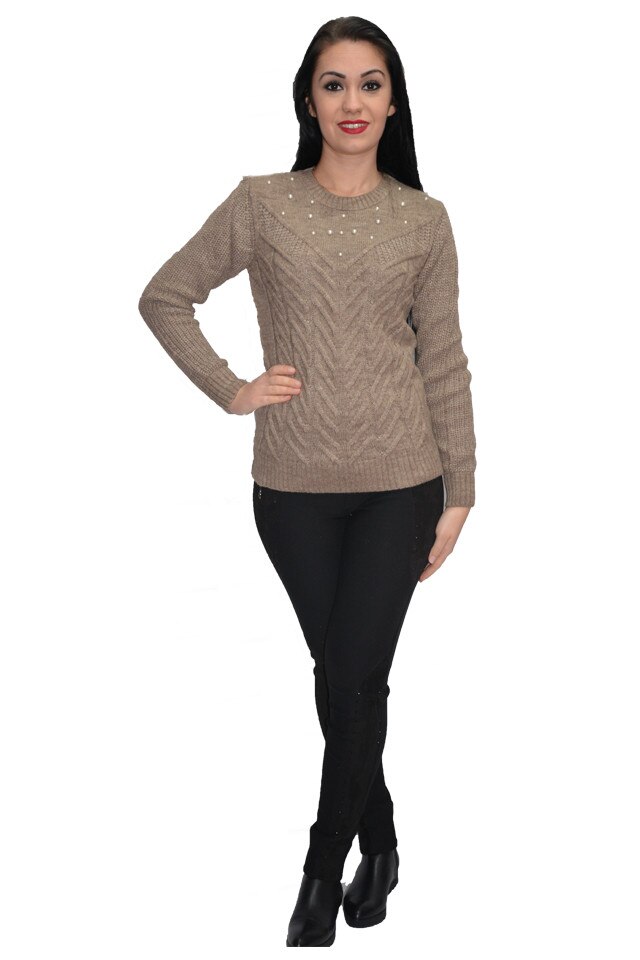 Pulover din lana tricotat cu aplicatii de margele, D&J Exclusive, Maro
