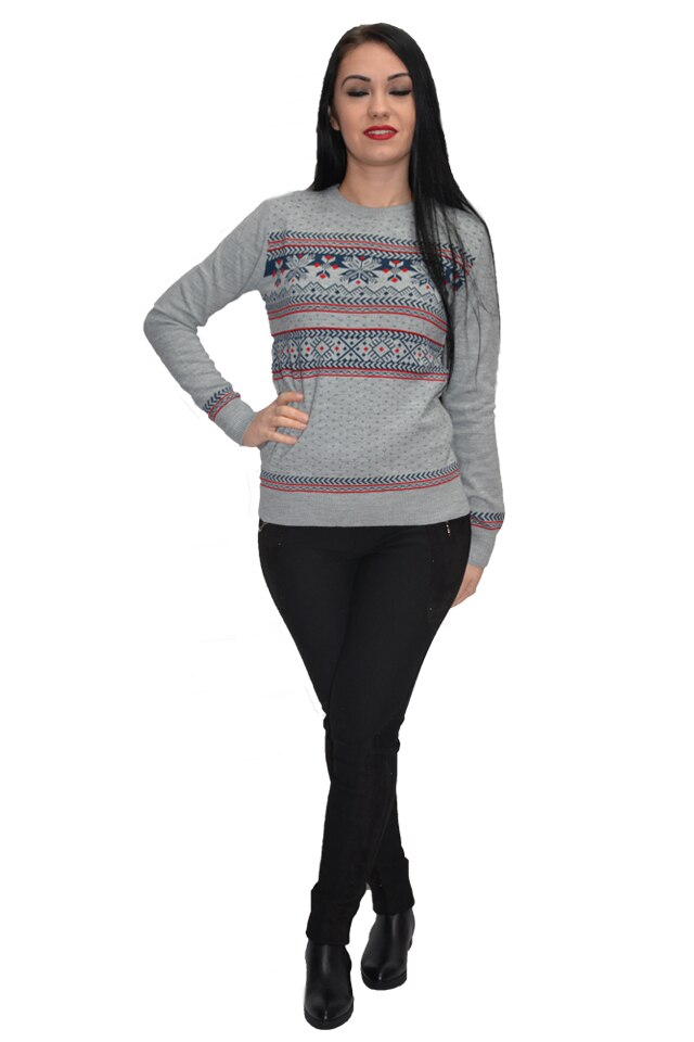 Pulover tricotat cu motive de craciun, D&J Exclusive, Gri