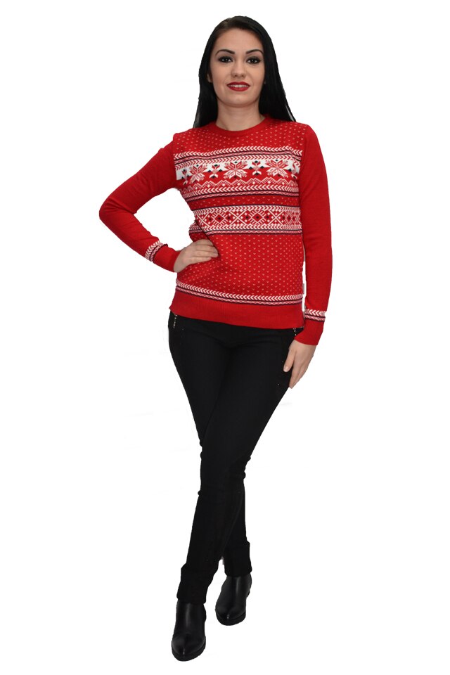 Pulover tricotat cu motive de craciun, D&J Exclusive, Rosu