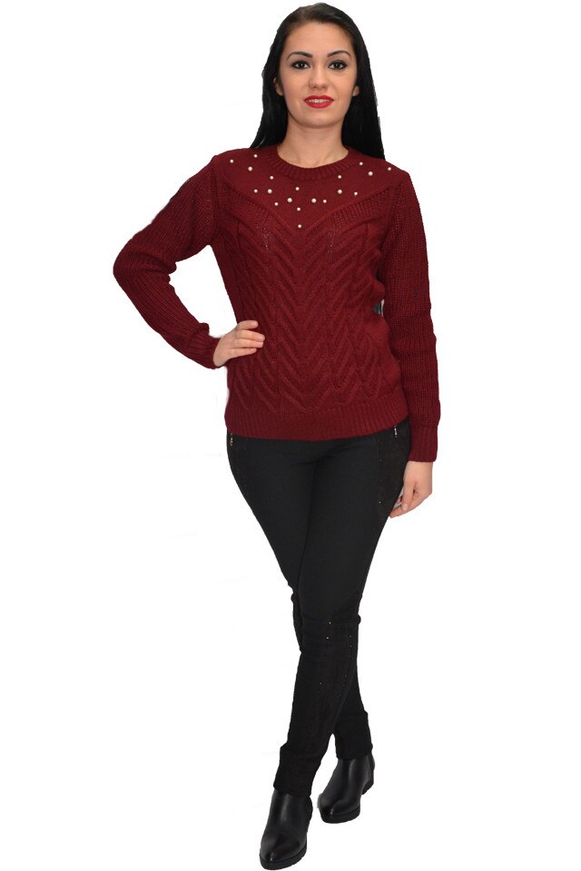 Pulover din lana tricotat cu aplicatii de margele, D&J Exclusive, Marsala