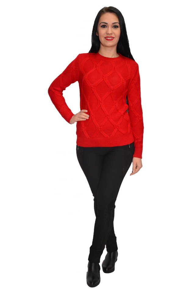 Pulover tricotat cu insertii de picatele ,D&J Exclusive, Rosu