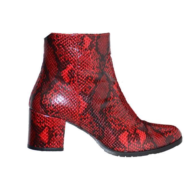 Botine rafinate,imprimeu piele de sarpe,toc gros,D&J Exclusive, Rosu