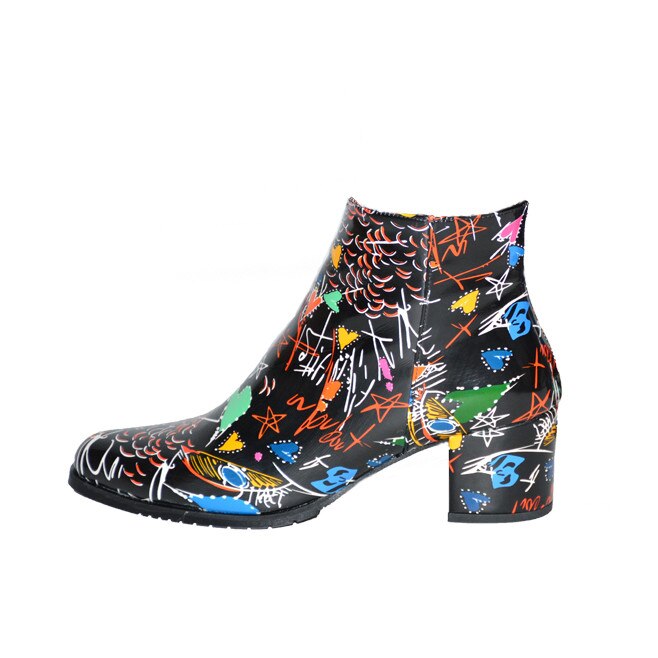 Botine rafinate cu design painted si fermoar, D&J Exclusive, Multicolor
