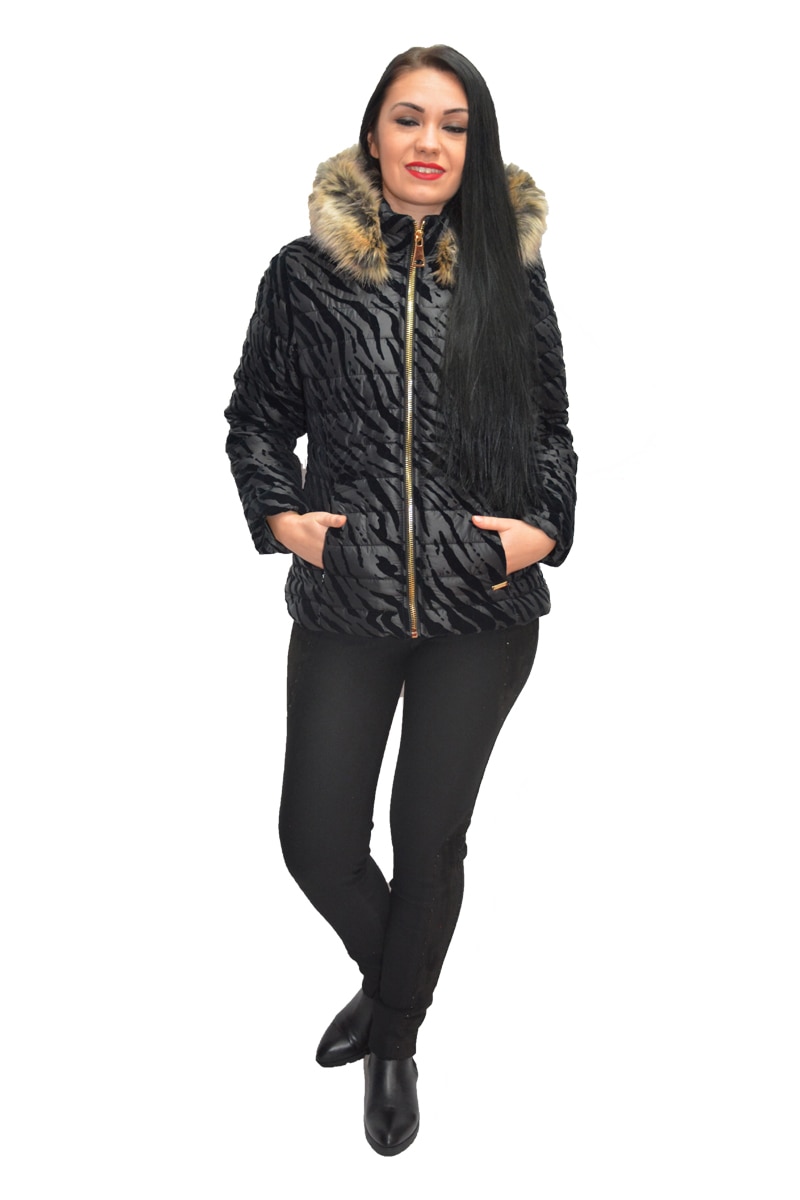 Jacheta moderna din fas cu insertii de catifea, D&J Exclusive, Negru