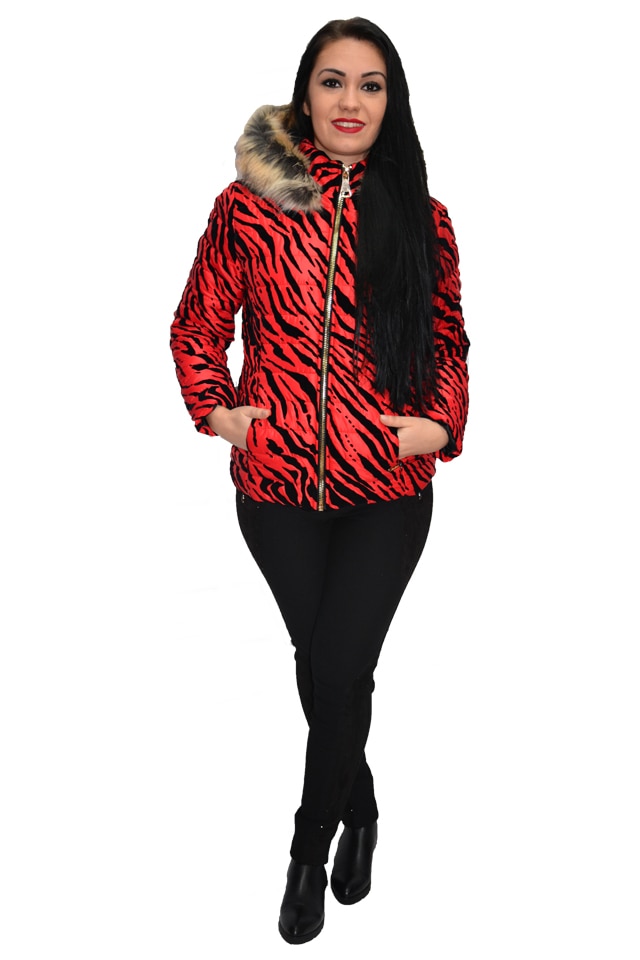 Jacheta moderna din fas cu insertii de catifea, D&J Exclusive, Rosu