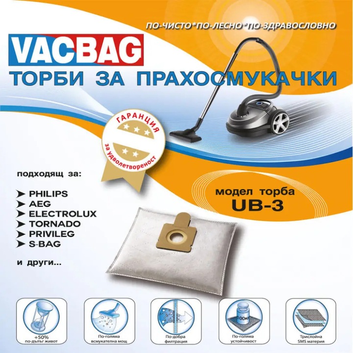 Sac aspirator VACBAG UB3, 3 saci + 1 filtru, pentru aspiratoare Philips, Aeg, Electrolux, Tornado, Privileg, S-Bag