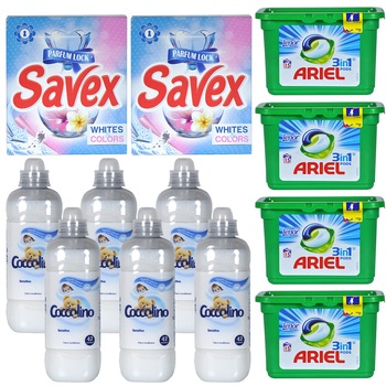 Pachet - 6 x Balsam rufe Concentrat, 42 Spalari, Coccolino, Sensitive, 1050 ml + 4 x Cutie Detergent rufe, Ariel 3in1, Capsule, 405g, 15buc/Cutie + 2 x Detergent praf, Automat, Savex 2in1, White and Colours, 300 g Pachet - 6 x Balsam rufe Concentrat, 42 Spalari, Coccolino, Sensitive, 1050 ml + 4 x Cutie Detergent rufe, Ariel 3in1, Capsule, 405g, 15buc/Cutie + 2 x Detergent praf, Automat, Savex 2in1, White and Colours, 300 g