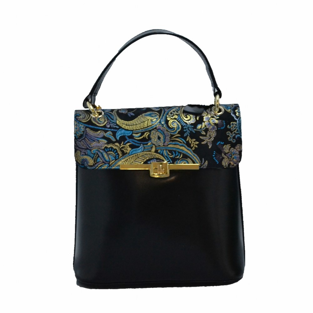 Geanta dama Zea piele naturala neagra floral baroc