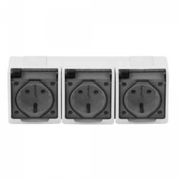 Priza tripla iMKⓇ aparenta, rama inclusa, cu capac, contact de protectie, alba, AN Priza tripla iMKⓇ aparenta, rama inclusa, cu capac, contact de protectie, alba, AN