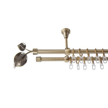 Galerie metalica 200 cm pentru perdele cu prindere in tavan, dubla, model Frunza, grosime 19 mm, auriu antic, KIT COMPLET Galerie metalica 200 cm pentru perdele cu prindere in tavan, dubla, model Frunza, grosime 19 mm, auriu antic, KIT COMPLET