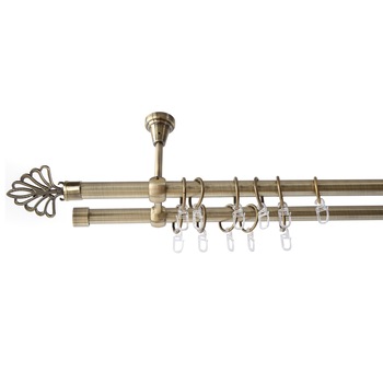 Galerie metalica 300cm pentru perdele cu prindere in tavan, dubla, model Evantai, grosime 19 mm, auriu antic, KIT COMPLET Galerie metalica 300cm pentru perdele cu prindere in tavan, dubla, model Evantai, grosime 19 mm, auriu antic, KIT COMPLET