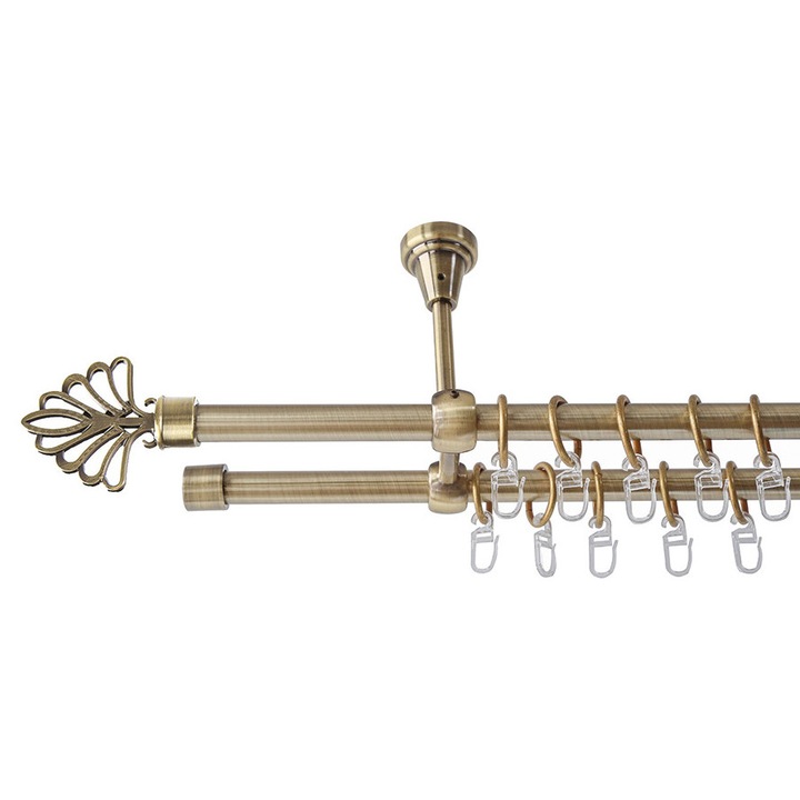 Galerie metalica 300cm pentru perdele cu prindere in tavan, dubla, model Evantai, grosime 16 mm, auriu antic, KIT COMPLET