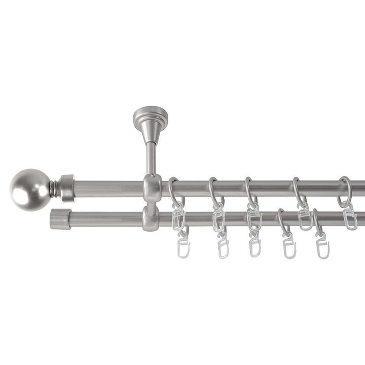 Galerie metalica 300cm pentru perdele cu prindere in tavan, dubla, model Kugel, grosime 16 mm, inox, KIT COMPLET