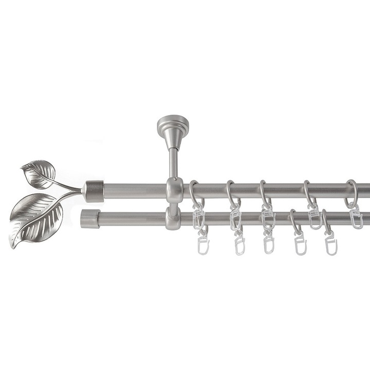 Galerie metalica 300cm pentru perdele cu prindere in tavan, dubla, model Frunza, grosime 16 mm, inox, KIT COMPLET