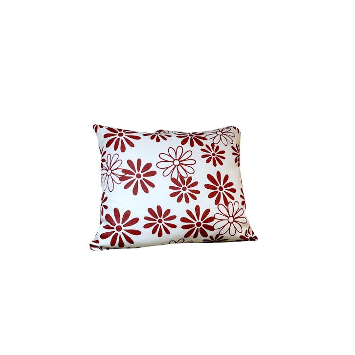 Perna decorativa MobAmbient 45x45 cm, Alb Rosu, doua fete, imprimeu floral si rosu, material textil, fata detasabila, inchidere cu fermoar