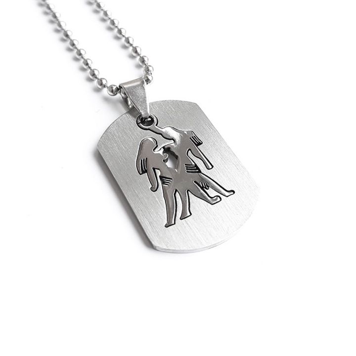 Pandantiv zodia Gemeni, Dog Tag cu lant inox US Army, PS Personal Style, argintiu, grosime lant 3 mm, lungime 60 cm