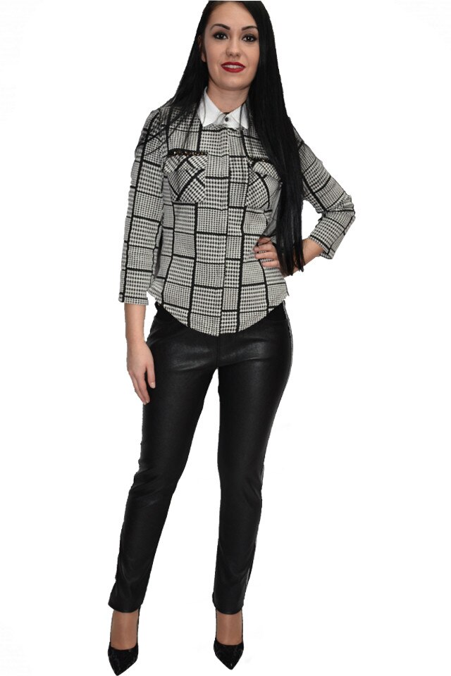 Pantaloni cu reflexii si insertii de piele, D&J Exclusive, Negru