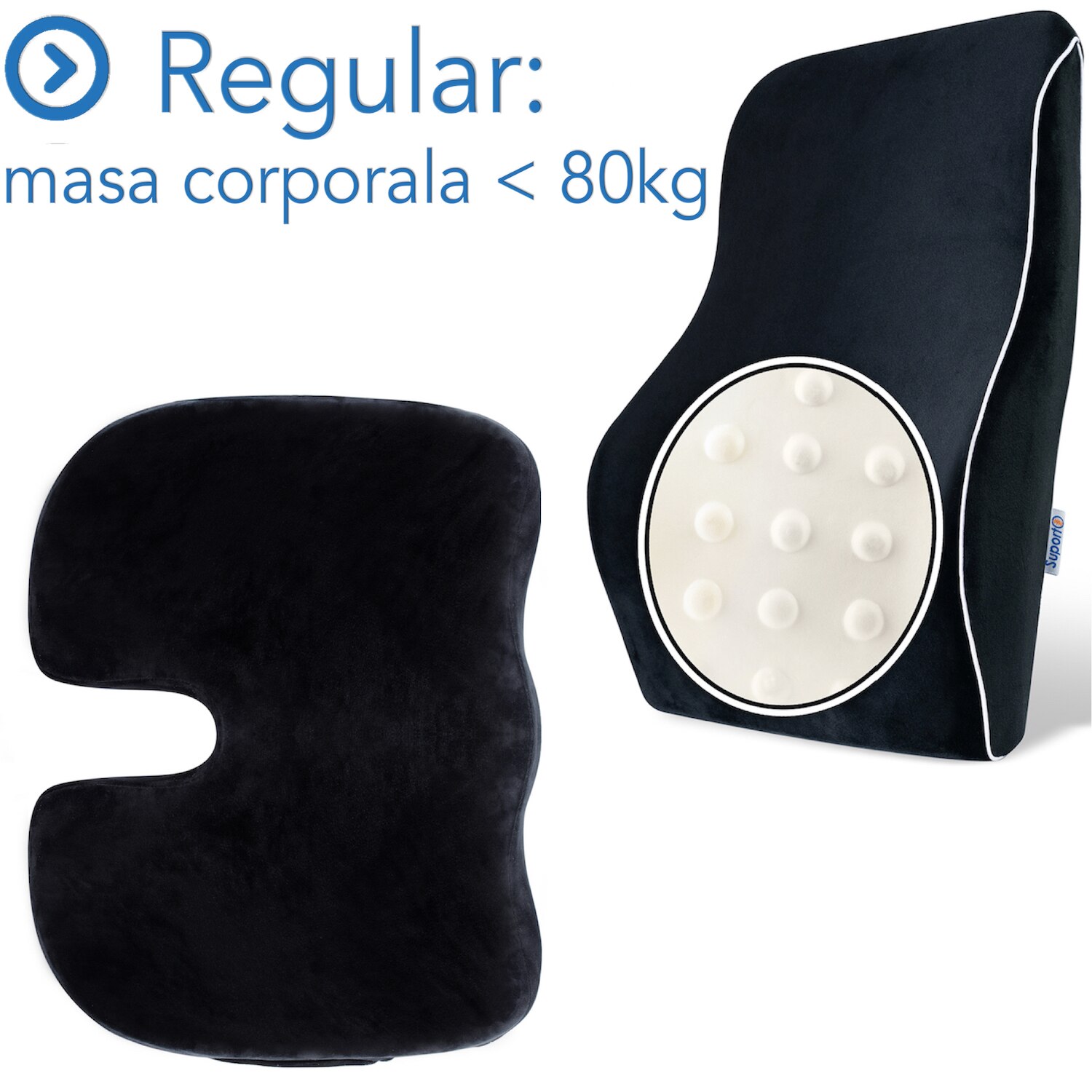 Set Perne Ortopedice Fermitate Regular - Pentru masa corporala sub 80 KG | Perna lombara Completa si Perna sezut Suporto®️ Coccis din spuma cu memorie| Culoare Negru