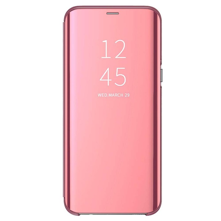 Калъф Samsung Galaxy J4 Plus 2018 Pink Clear View Flip Standing Cover Type Carte Book Mirror Rose Gold. Позволява гледане през горния капак. Дисплей ВКЛ./ИЗКЛ.
