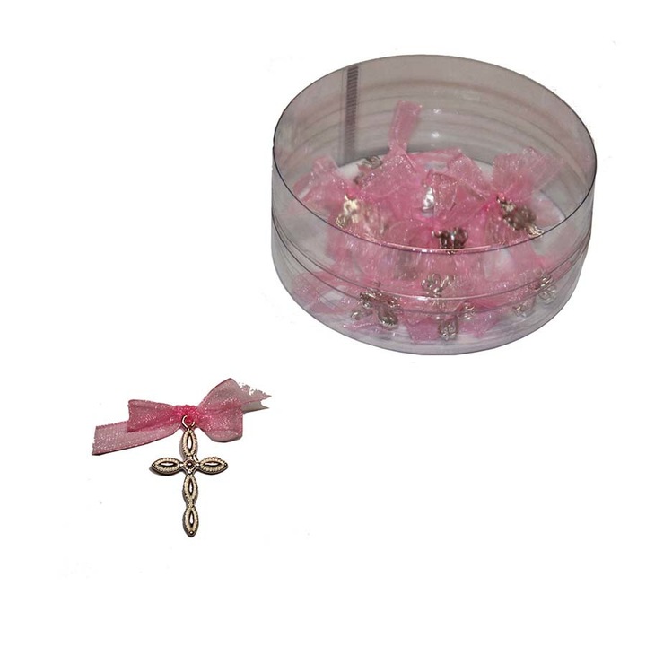 Cruciulite botez ondulate roz si cutie cadou set 30 bucati