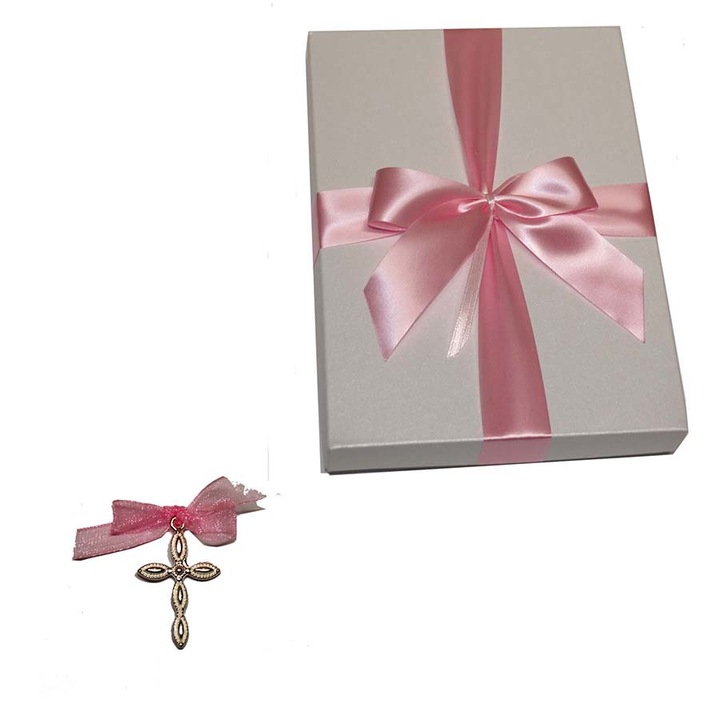 Cruciulite botez ondulate roz si cutie cadou set 50 bucati