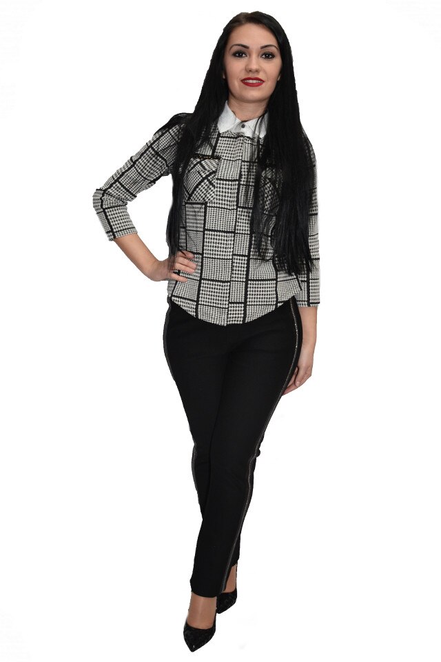 Pantaloni moderni,casual cu insertii de strasuri si piele, D&J Exclusive, Negru