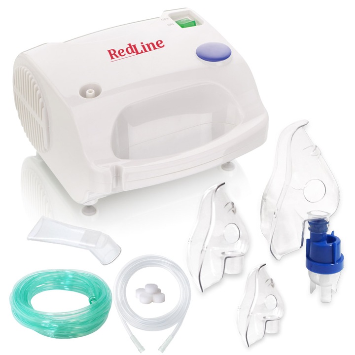 RedLine NB-230C Pro kompresszoros inhalátor, 3 maszk: babák, gyerekek és felnőtt, 4 mikronos részecskék, fehér