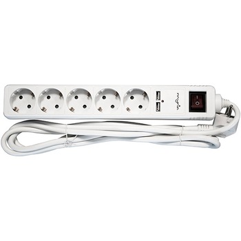 Prelungitor MYRIA MY2319, 5 prize Schuko, 3m, H05VV-F 3G1.5mm, intrerupator, 2x USB, alb Prelungitor MYRIA MY2319, 5 prize Schuko, 3m, H05VV-F 3G1.5mm, intrerupator, 2x USB, alb