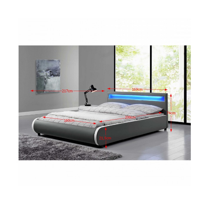 Pat tapitat cu led , piele eco gri, 217x169x74 cm, cu suport saltea inclus,Bortis Impex