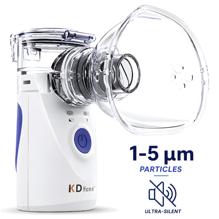 Aparat aerosoli KD Home VK-8201, nebulizator, portabil, validat clinic, ultrasonic, baterii si adaptor priza, tehnologie Mesh, accesorii, trusa depozitare, super silentios, alb