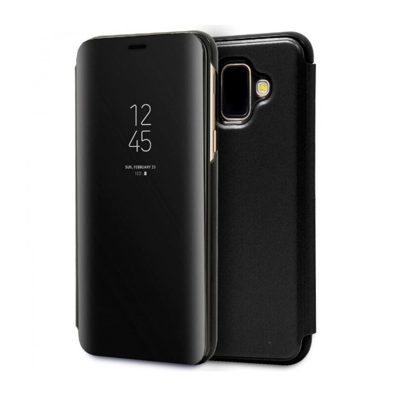 Husa Samsung Galaxy J4 Plus - Flip Mirror tip Carte, Capac translucid, Neagra