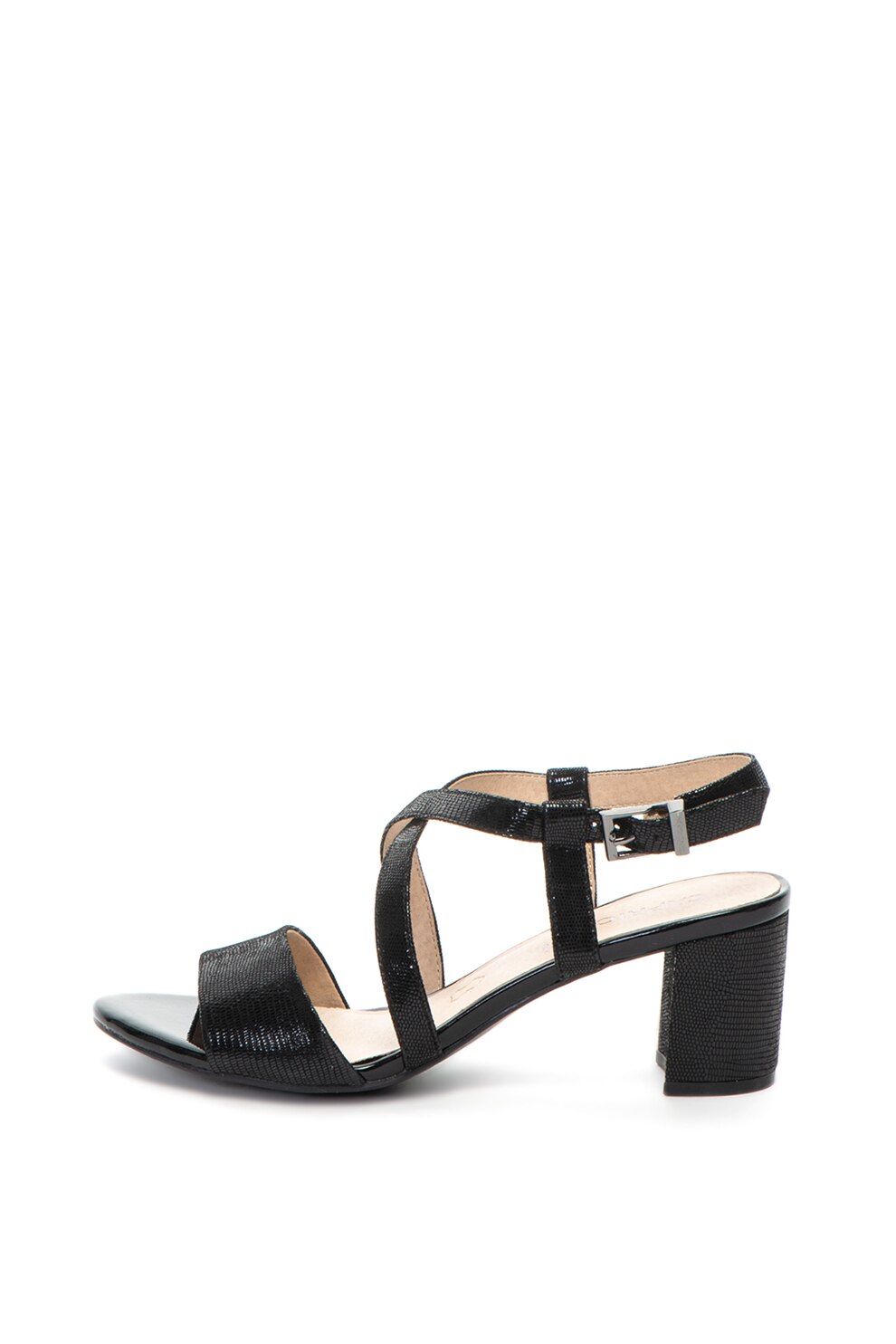 Caprice, Sandale de piele, cu toc inalt si aspect stralucitor, Negru, 37.5
