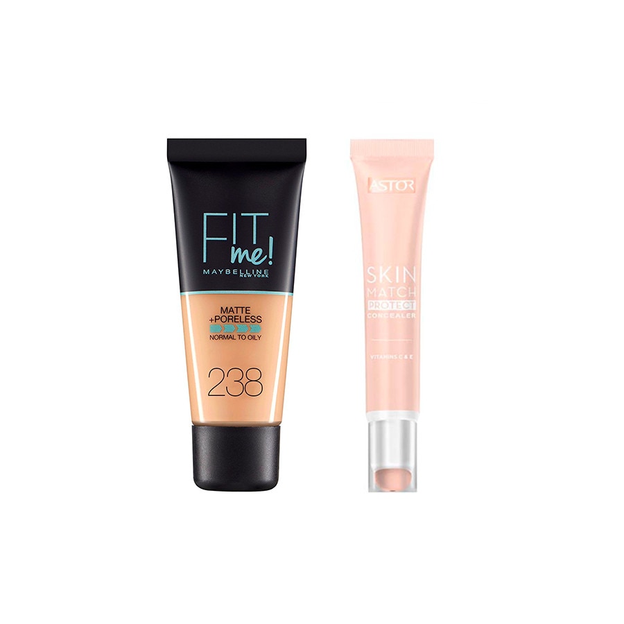 Pachet Promo Maybelline Fit Me! Matte and Poreless Foundation N:238 Rich Tan & Astor Skin Match Protect Conceal 02 Sand