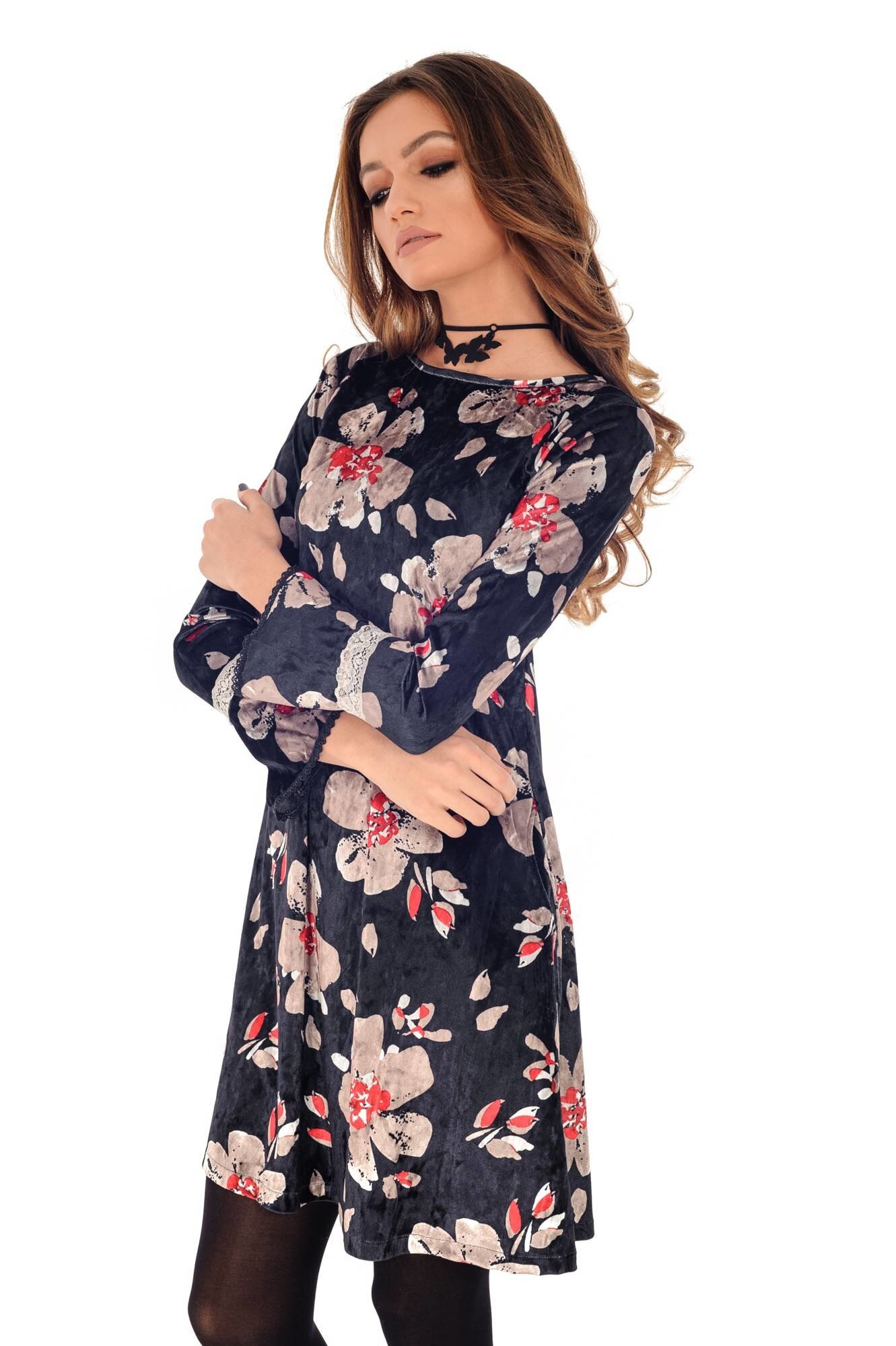 Rochie neagra, ROH, cu imprimeu floral rosu, M-L