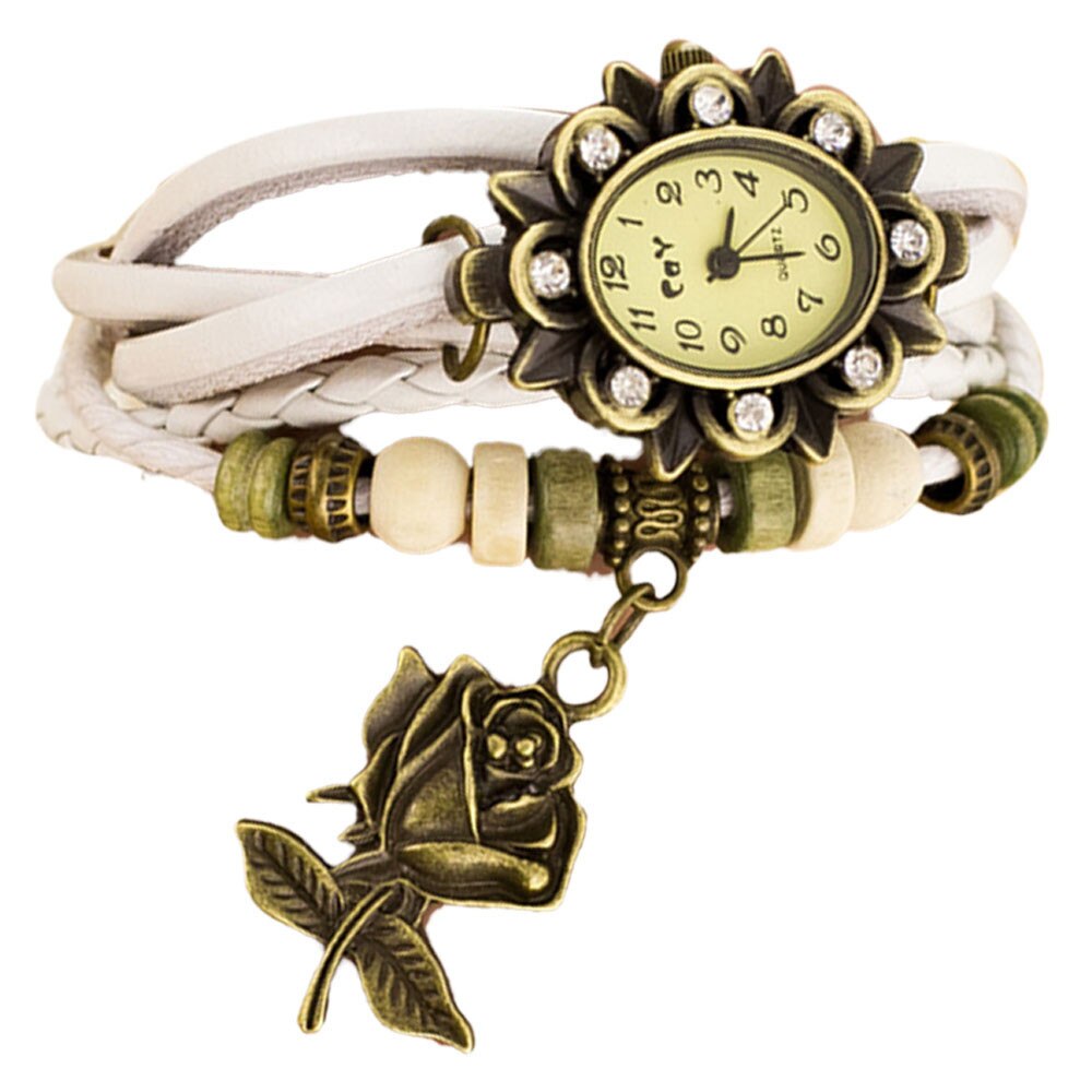 Ceas de dama Retro Vintage, curea din imitatie de piele, accesoriu trandafir, culoare alb