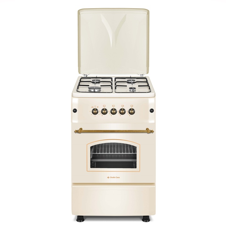Aragaz Studio Casa CREMONA FE50/55G, Gaz, 4 arzatoare, Aprindere electrica plita si cuptor, Siguranta plita si cuptor, Grill, 50 cm, Bej
