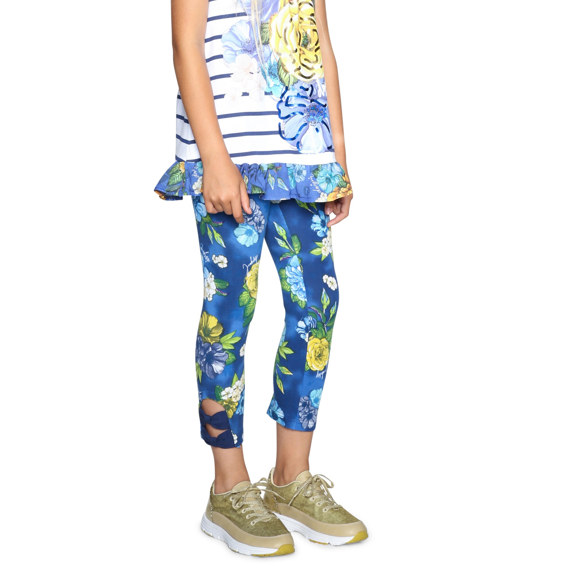 Colanti fete, Desigual, crop cu model floral si funda, Babaco, Albastru inchis/Galben, 158-164 CM