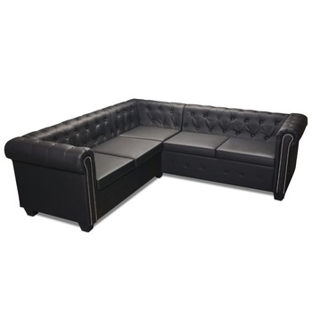 Canapea cu 5 locuri, in L, vidaXL, Tapiterie din piele artificiala si cadru din lemn, Negru, 205 x 205 x 73 cm Canapea cu 5 locuri, in L, vidaXL, Tapiterie din piele artificiala si cadru din lemn, Negru, 205 x 205 x 73 cm