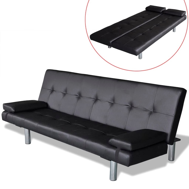 vidaXL fekete L-alakú, dönthető műbőr kanapéágy két párnával